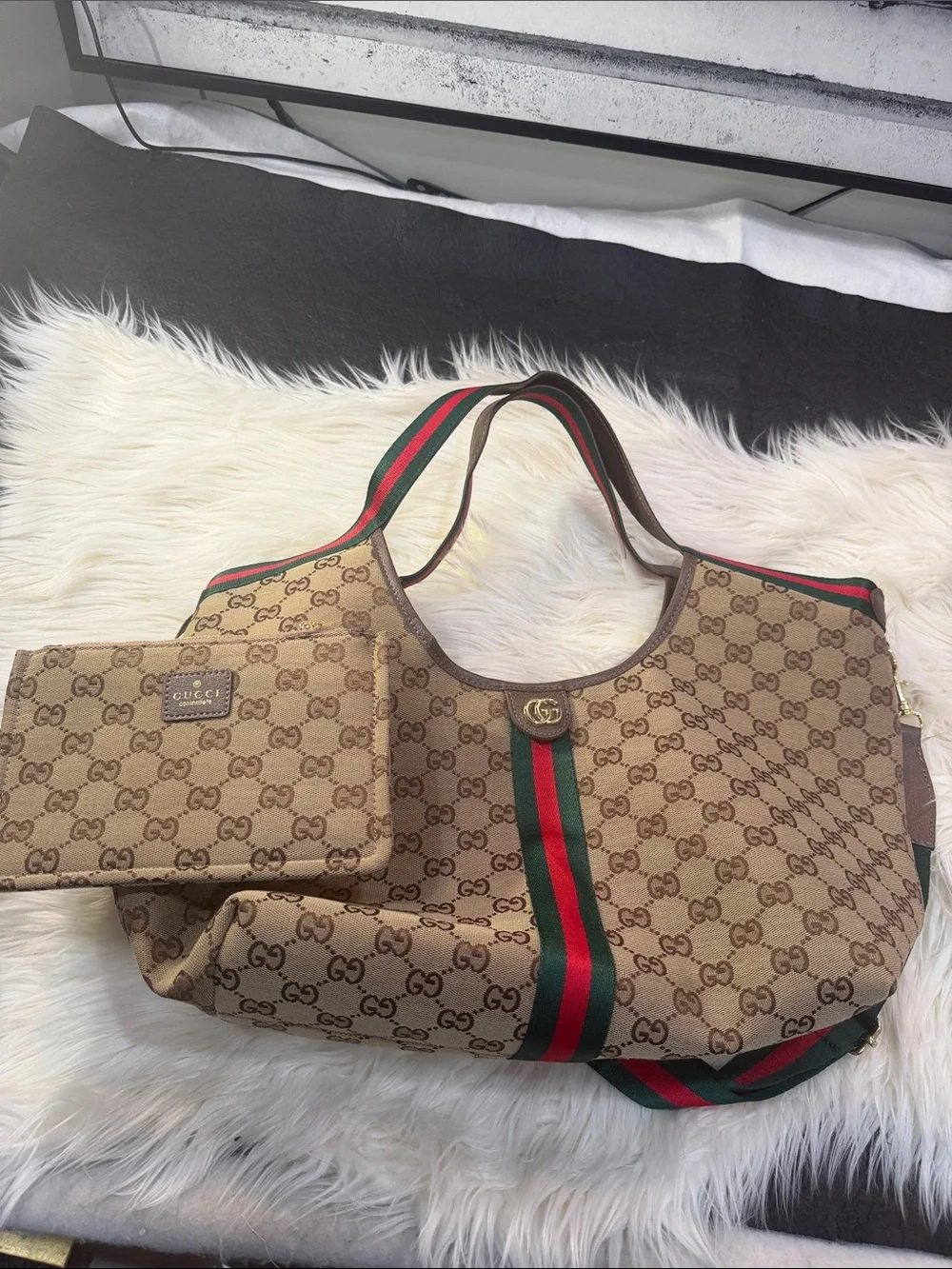Beige Supreme Canvas Tote with Green and Red Stripe Accent